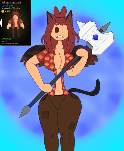 Drawing of a created character save file (Arcane Odyssey), Sakura Sonozaki, with red hair, left-eye scar, wearing a red tropical jacket with hibiscus pattern on it, brown pants, red-ish wings, cat tail, and cat ears. She holds a greathammer, named the "Vindicator" in-game, with a white hammerhead and a blue gem on it.