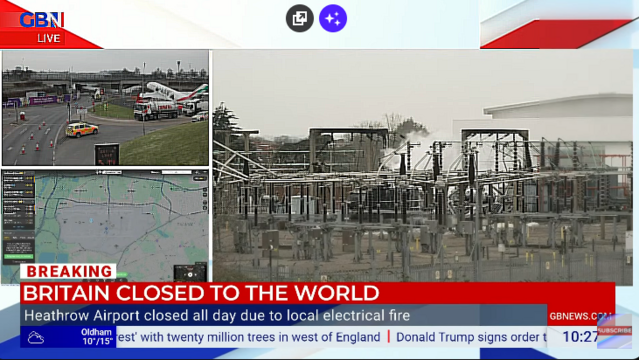 GB News living up to their 'common sense rationality' with a permanent caption titled "Britain Closed To The World" over Heathrow Airport being closed.