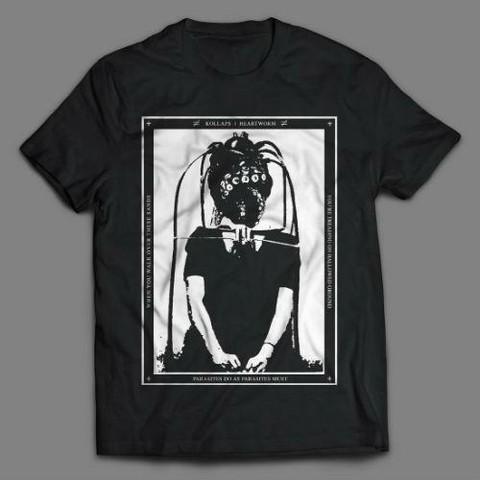 Black t-shirt showing a person with a strange mask with strings on it