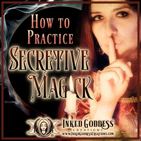 A black moon silhouette stands behind a woman wearing medieval garb. The index finger of her right hand is pressed to her lips, and she is holding a burning candle in her left hand. The text is the title of our Inked Grimoire blog post, "How to Practice Secretive Magick." Presented by Inked Goddess Creations.