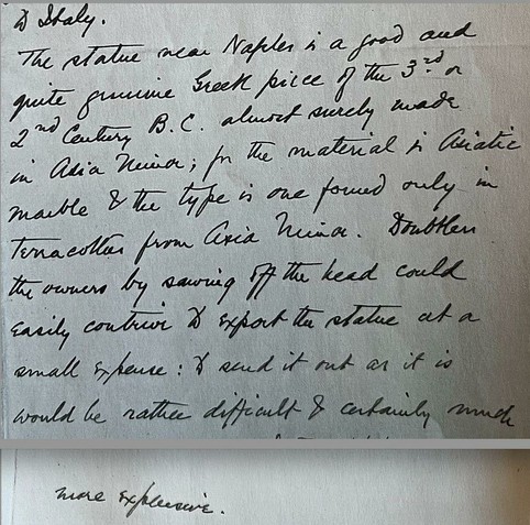 Casual suggestion in 1927 letter from John Marshall (Met's antiquities buyer) to an American collector that she consider arranging for Italian owner of an ancient Greek sculpture to chop off its head to make it easier to export.