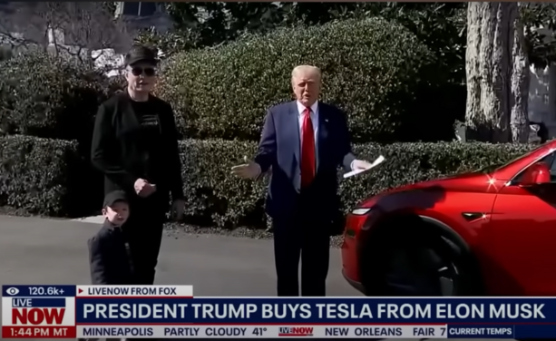 President Musk and one of his toddler sons, both dressed in black, with black hats, stand outside beside some government official, in a blue suit, I think his name is Trump. The government official is wearing a red tie too long, and is gesturing with some papers in one hand. He is in front of the White House standing beside a red car, selling cars, despite there being laws against this.