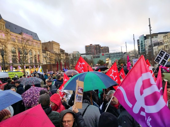 Petite foule compacte avec des drapeaux LFI PCF notamment