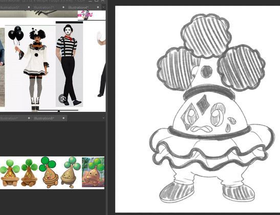 a rough sketch of the pokemon bonsly redesigned to look like a mime/pierrot character