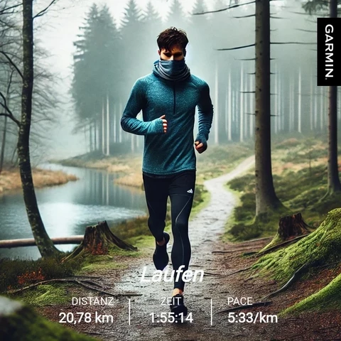 An AI generated Image of a runner who is running through a forest right beside a small lake.
Statistics
distance 20.78km
time 1 hr 55mins and 14 secs
pace 5mins and 33secs per km