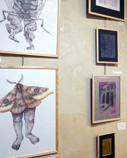 à gauche, deux grandes aquarelles représentant des corps hybrides pleins de texture au lavis, entre membres inferieurs d'enfants humains et insectes (mouche verte, papillon nocturne aux couleurs chaudes). Ce sont les "Métamorphes",  pouvant entrainer une gène car entre le dégoutant et le mignon, questionnant le rapport de dégout fréquent envers les insectes, et la question des normes par le monstrueux.