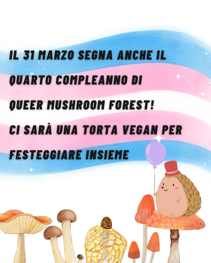 Sullo sfondo c'è una bandiera trans. Al centro c'è del testo "Il 31 Marzo segna anche il quarto compleanno di queer mushroom forest! ci sarà una torta vegan per festeggiare insieme". In basso a destra c'è l'illustrazione di un porcospino carino che tiene un palloncino, seduto su un fungo.