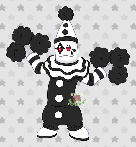 the pokemon sudowoodo redesigned as a silly mime!

its wearing a white hat on its head with 1 pom pom colored black at the top and a single black pompom in the middle of the hat, and the hat has a black brim at the bottom

its face is white with black diamonds on one eye, the other eye has 2 black tear drops coming from it, its eyes are red

its wearing a double neck ruffle thats white, with black rims around it, its wearing a fullbody outfit that is colored black in the middle with 3 white poms poms, its sleeves are striped black and white and its shoes are white with black bottoms

its hands are grey with its finger bushes turned into 3 black fluffy pompoms

its on a grey background with grey stars scattered