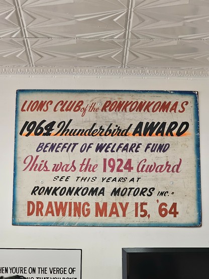 Rinkonromas 1964 'thunderbird' award hand painted sign