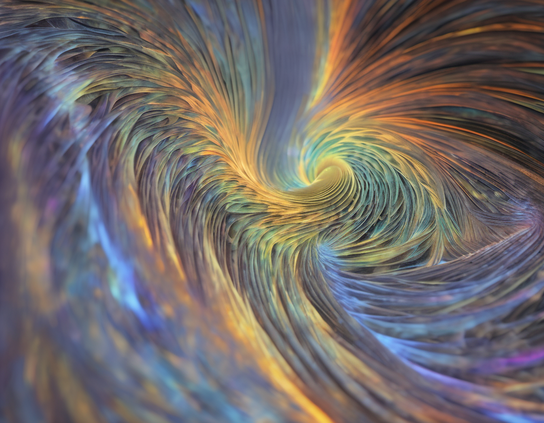A vibrant swirl of colors converges to form a mesmerizing vortex, with shades of blue, orange, and yellow intertwining seamlessly. The dynamic movement of the lines creates an optical illusion of depth and motion.
