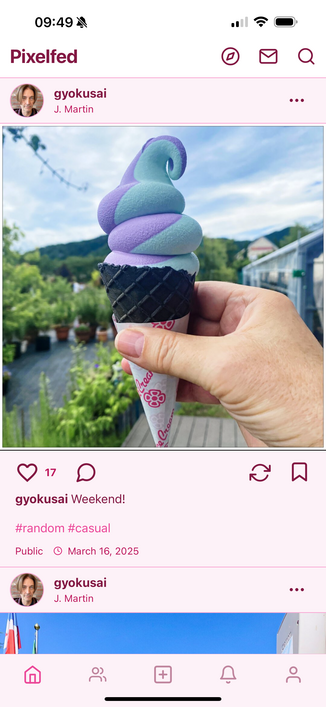 Pixelfed app screenshot showing a post from @gyokusai – a soft ice in a black cone