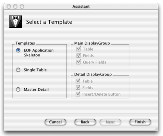 A screenshot from an old Project Builder (former XCode) assistant dialogue providing templates to easily create GUI app views from database schema. Naming is quite similar from what you'd expect from Access or LibO Base, only it's beautiful.