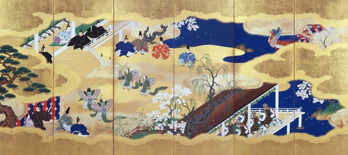 Scrolls depicting life at court, inspired by The Tale of Genji.