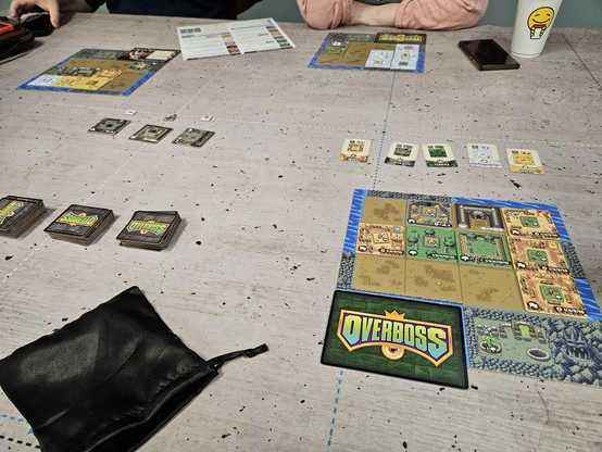 Overboss. Three individual player boards filled with retro video game inspired artwork (think classic Zelda) lay on a table. A silk bag sits in the bottom left of the photo.