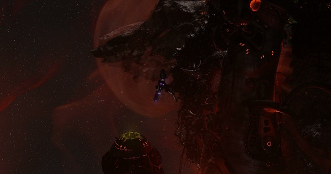 A helios space ship from EVE Online, hanging out in a relic site, dark reds and blacks.