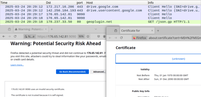 Traffic from the infection by GuLoader for Remcos RAT filtered in Wireshark.  The Remcos RAT C2 server for HTTPS traffic over TCP port 9090 uses a self-signed certficate.