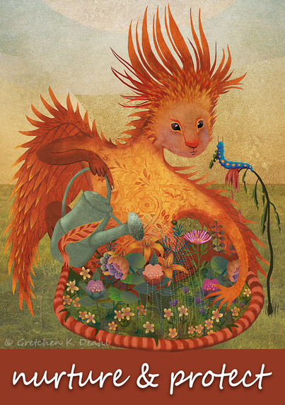 "SEASONS of the SOUL" Oracle Card Ideas
Mythical Creatures & Light Beings for Guidance, Protection, Power and Wisdom
This is a design that I've been working on for:
SUMMER Oracle Spirit/Soul Guide

On a textured golden background, a bright orange winged creature sits. As it looks with a small smile, directly at a blue caterpillar which is munching on a leaf, it holds
a green watering can over a small garden of blooming flowers, encircling it with its other arm. NOTE: This description created especially for my lovely blind friend, Georgiana. :-)