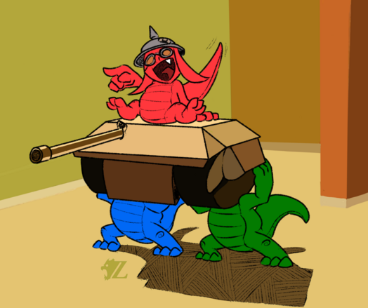 Three kobolds in a cardboard tank, terrorize a living room. The blue and green kobolds hold the tank up, as the red one points and commands.