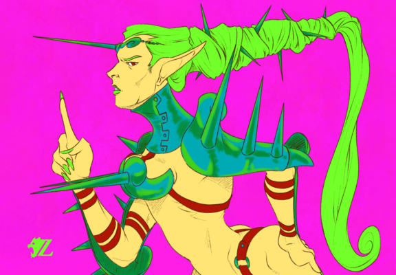 Queen Chrysolina, my elven battle royalty, stands in a sultry but powerful pose, one hand on her hip, and the other lifting a finger as to correct you in a most serious manner. She has yellow skin with bright green hair tied back into a series of braids held up by spiky hairpins. She wears skimpy, iridescent armor, the color of the armor ranging from blue to green. These pieces are held on by red leather straps, the same red color of her eyes.