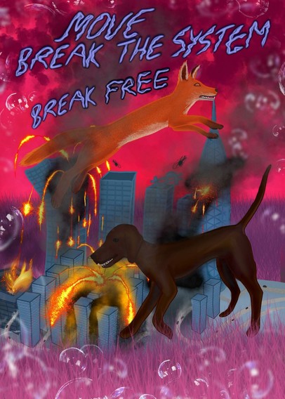 A dog and a fox ravage a big city with banks and skyscrapers