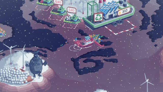 Screenshot des Spiels Spilled: Säuberungsboot bereinigt Ozean, Grafik ist in Pixelart gehalten.