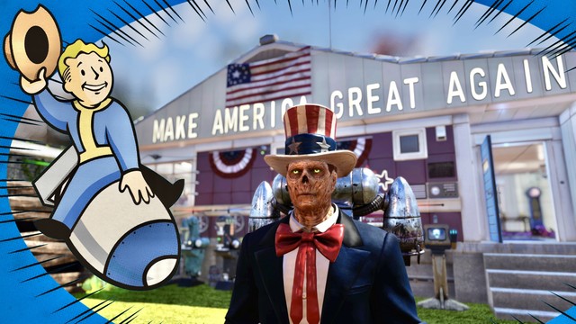 Screenshot aus dem Spiel mit der Spielerfigur, amerikanisches Outfit, im Hintergrund steht "Make America Great Again".