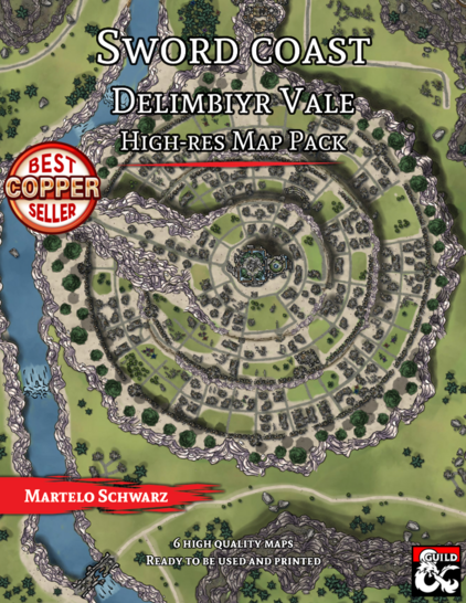 Cover page of the Sword Coast / Delimbiyr Vale High-Res Map Pack showing a circular ruined city on a hill.