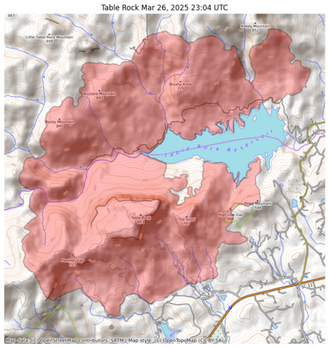 Visual map representation of the Table Rock wildfire, showing the perimeters of the 4556.149310909357 acre fire on a map.