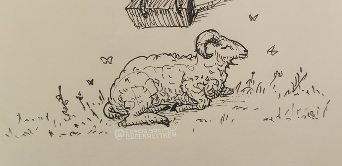 Black Fineliner on paper

Sketch of a goat lying in the grass, eyes closed, butterflies flying around