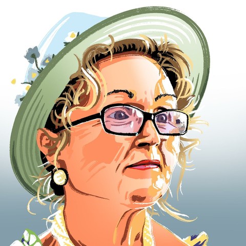 An illustration of an older woman facing to the right, slightly away from the viewer. The woman has a light complexion, brown eyes, and red lipstick. She has a large round earring in her visible ear, and is wearing a thick, braided necklace. She is wearing black-framed glasses that have a slight blue tint to them. She has wispy, curly hair that is coming out from under a hat. Her hair is a faded blond that gets darker towards her scalp. The hat has a green brim, a light blue top, and is decorated with small flowers on top of the brim in the middle.  The sleeves of the woman's shirt are barely visible on the sides, green on the left and yellow on the right. The background is a steel blue that fades to white towards the top.