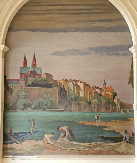 Wandgemälde im Hauptgebäude der ETH Zürich. Zu sehen ist der Rhein in Basel aus Kleinbasler Sicht mit Blick auf die Pfalz mit dem Münster. Im Vordergrund bereiten Fischer ihre Netze.