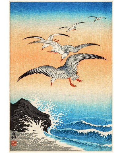 Five Seagulls Over Sea Beach Rocks Japan 1900s Ohara Koson