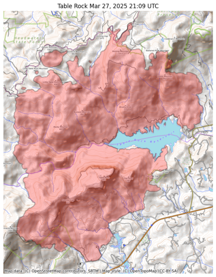 Visual map representation of the Table Rock wildfire, showing the perimeters of the 8679.52762954951 acre fire on a map.