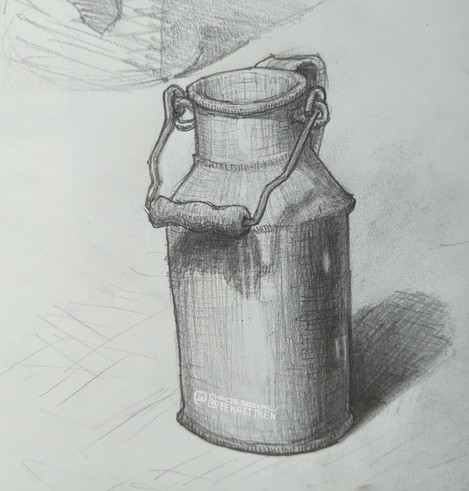Still life, a jug with metal handles, shaded with pencil