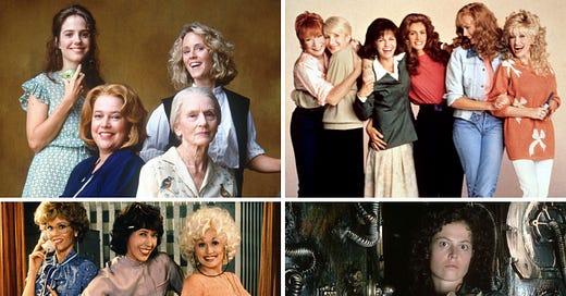 Images of the films (from left to right, top to bottom), Fried Green Tomatoes, Steel Magnolias, 9 to 5, and Alien.