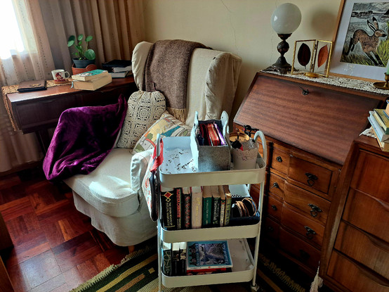 An armchair with blankets, a wheel cart with books on one side and a table with more books on the other