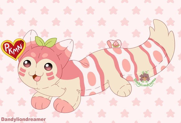 A pokemon furret OC as a stuffed animal beanie baby, they have pink markings instead of brown, and the stripes look like cake! there is 2 leaves on the top of the head

the red heart tag on the ear says "PKMN" and the tag on the back has a pecha better