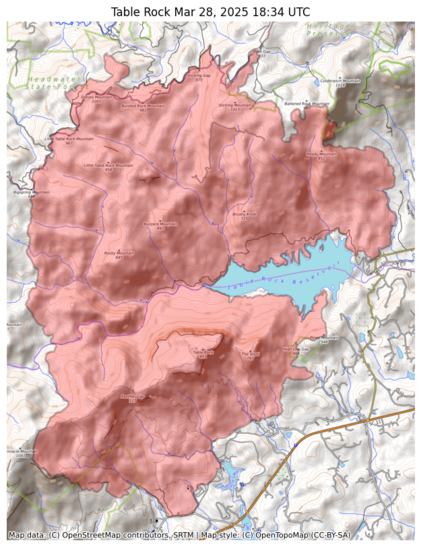 Visual map representation of the Table Rock wildfire, showing the perimeters of the 9499.856675786841 acre fire on a map.