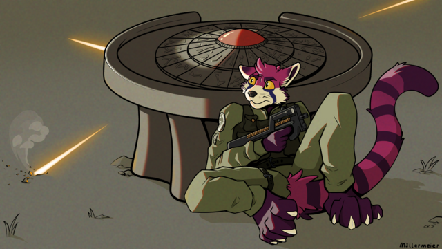 Digital drawing of a red panda furry with a P90 wearing a uniform from the show SG1 covering from hostile staff fire behind a Dial Home Device.
