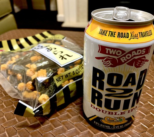 A can of IPA - Two roads Brewing, Road 2 Ruin - and Japanese traditional snacks.
