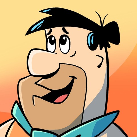 An illustration of Fred Flintstone, from the cartoon The Flintstones. Fred is smiling with his mouth open, and is looking up almost like he is rolling his eyes. He has dark hair and eyes, a light complexion, a five-o'clock shadow, and is wearing a scruffy blue tie and orange top. The background is yellow that fades to red-orange from top to bottom.