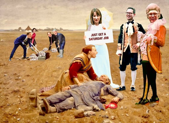 The scene is a desolate wasteland. An elderly figure lies exhausted on the ground, their Labour rosette fallen beside them. A distraught woman cries by their side.

Rachel Reeves, dressed in white, holds a placard saying: "Just get a Saturday job."

Darren Jones and Keir Starmer, dressed as Regency fops, stand beside her laughing at the scene.

In the background a group of millionaires are burying money in a hole in the ground.

(This painting is titled "Udslidt" by the Danish painter H.A. Brendekilde.
The title "Udslidt" translates from Danish to English as "Worn Out" or "Exhausted".)