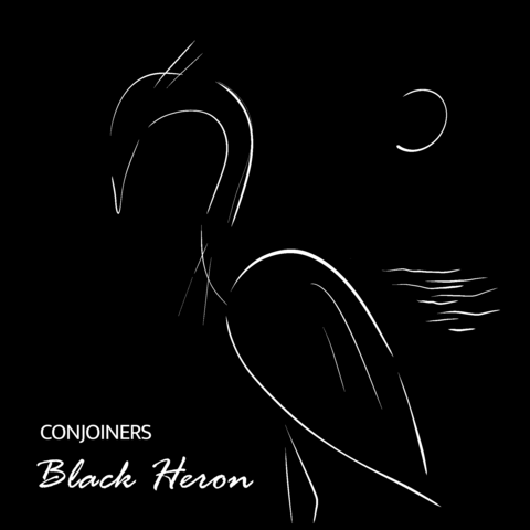 A black and white minimalist stylised drawing of a heron in white on a black background with a moon and reflection on water in in the back right.