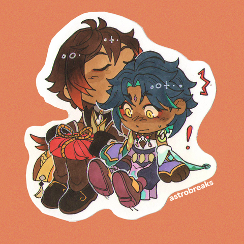 traditional chibi-style drawing of zhongli and xiao from genshin impact. they are sitting together side by side. zhongli has a cloth-wrapped gift in his lap that he received, and is giving xiao a kiss on the head as a thank you. xiao looks startled and flustered, his legs straightened in surprise.