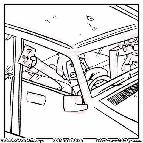Drawing of Darlo sat in a car trying to draw while holding a phone out of the window as a wifi hotspot. Momma Darlo is sat in the passenger seat reading a book.