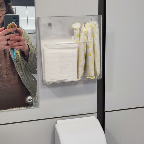 A leaflet holder has been repurposed to hold sanitary towels and tampons in a station public toilet
