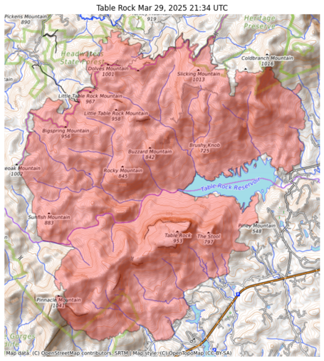 Visual map representation of the Table Rock wildfire, showing the perimeters of the 11468.423933936938 acre fire on a map.