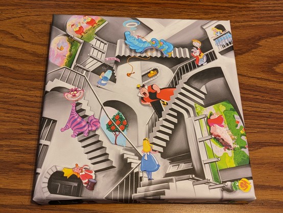 Artwork in the style of an Escher stairwell using characters from Alice in Wonderland.