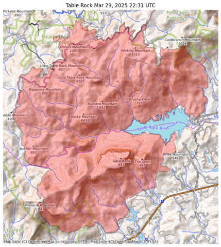 Visual map representation of the Table Rock wildfire, showing the perimeters of the 11468.378053270038 acre fire on a map.