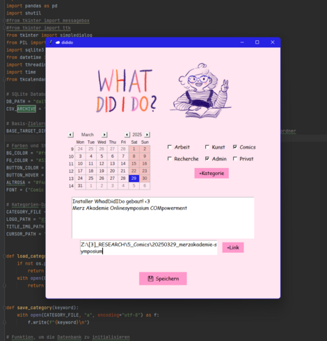 Project tracker called "what did i do" on a pink surface. the GUI shows a comic avatar, a calendar, categories with checkmarks, a text editor and a link field. save button. this programm was made, to track time around work and projects, to be able to see where my life went